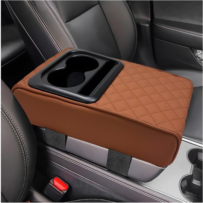 Suvnie Car Center Console Armrest Pillow, Memory Foam Auto Armrest Box Cover with Cup Holder & Phone Holder, Waterproof Leather Arm Rest Protector Cushion, Interior Car Accessories (Diamond, Brown) - Image 1